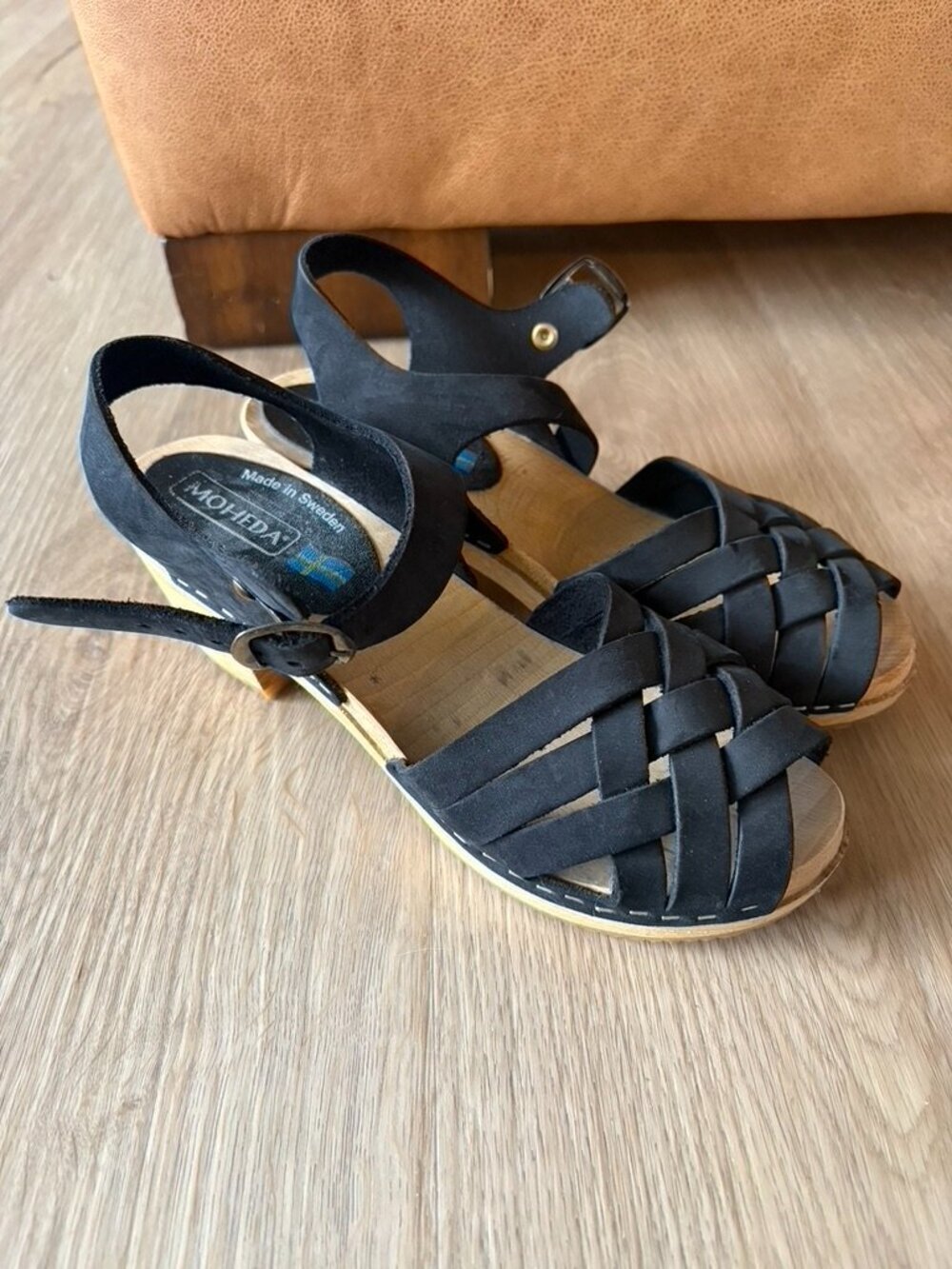 Moheda STOCKHOLM Swedish Oiled Black Leather Wood Strappy Clog Sandals 37